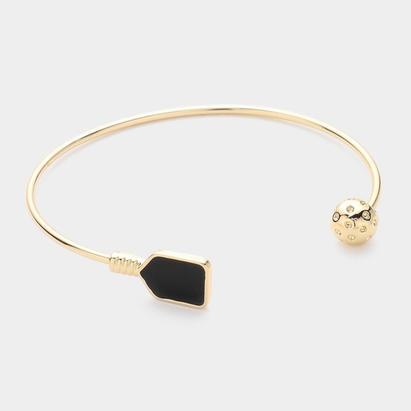 Black PickleBall Pendant Cuff Bracelet Bangle Trendy Paddle Ball Gold - Picture 1 of 2